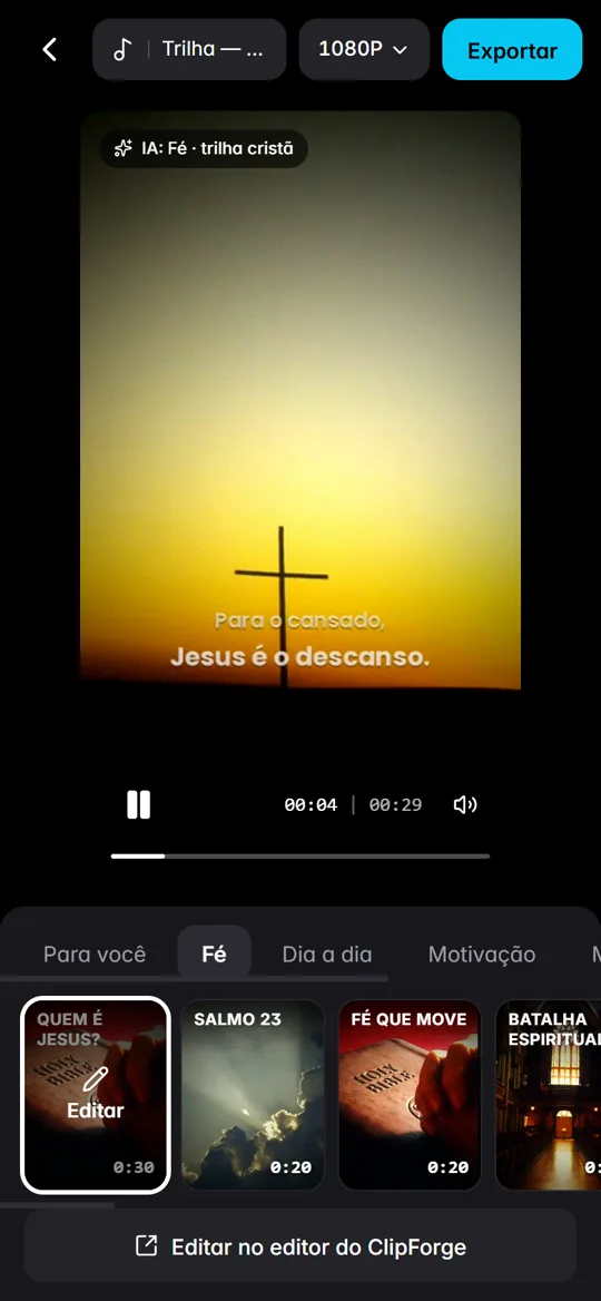 Tela do AutoCut do NorForge: a IA reconheceu fotos de fé e escolheu uma trilha cristã
